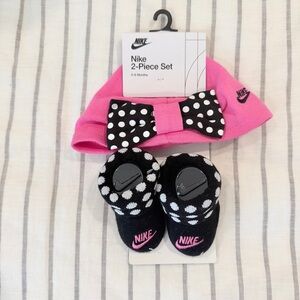 Nike Pink and Black Polka Dot Hat and Booties Set